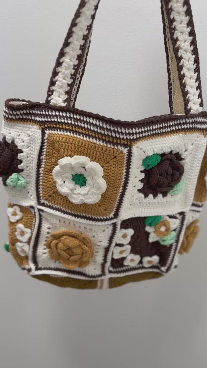 Handmade Crochet Rose Tote – Brown & Cream 3D Floral Granny Square Bag – Earth Tone Cottagecore Shoulder Purse