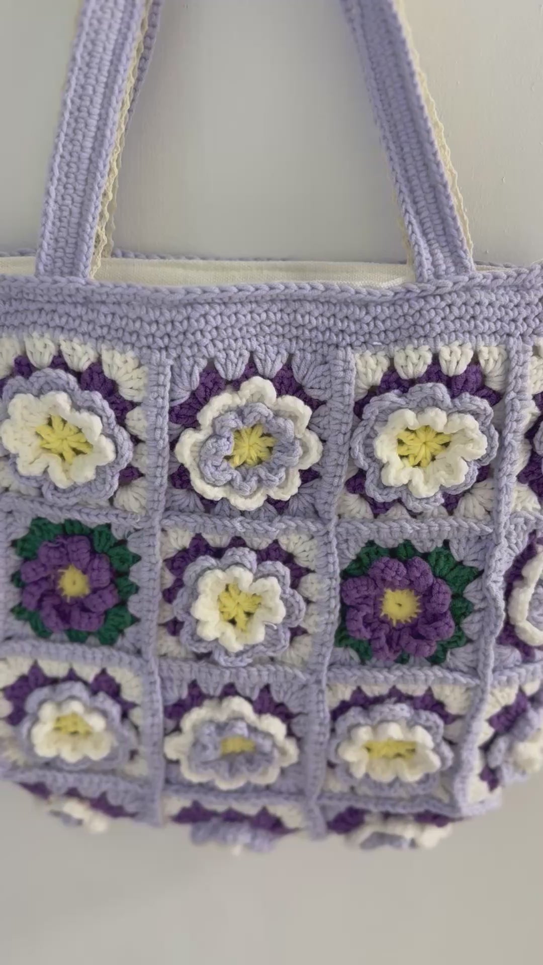 Handmade Camellia Crochet Tote Bag – Lavender & Purple Granny Square Bag – Textured Floral Shoulder Purse