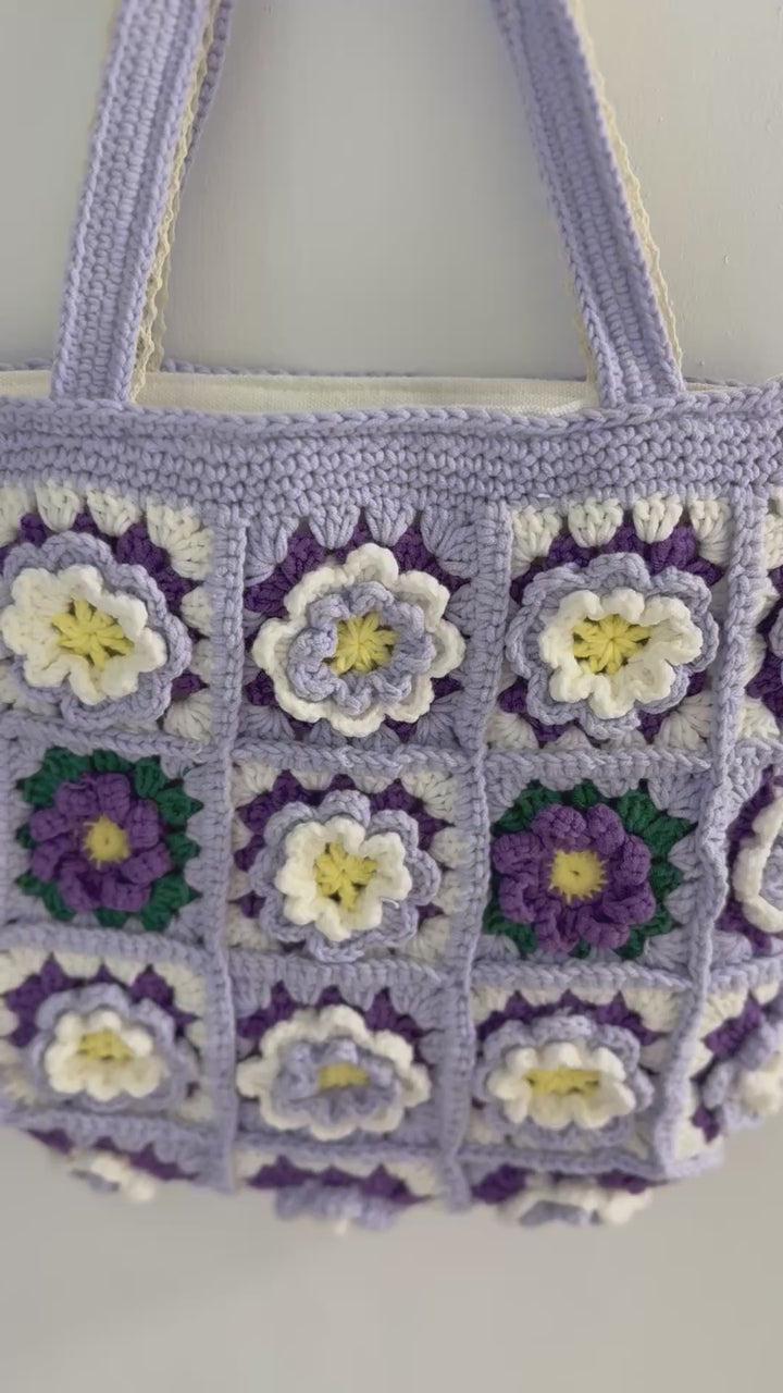 Handmade Camellia Crochet Tote Bag – Lavender & Purple Granny Square Bag – Textured Floral Shoulder Purse