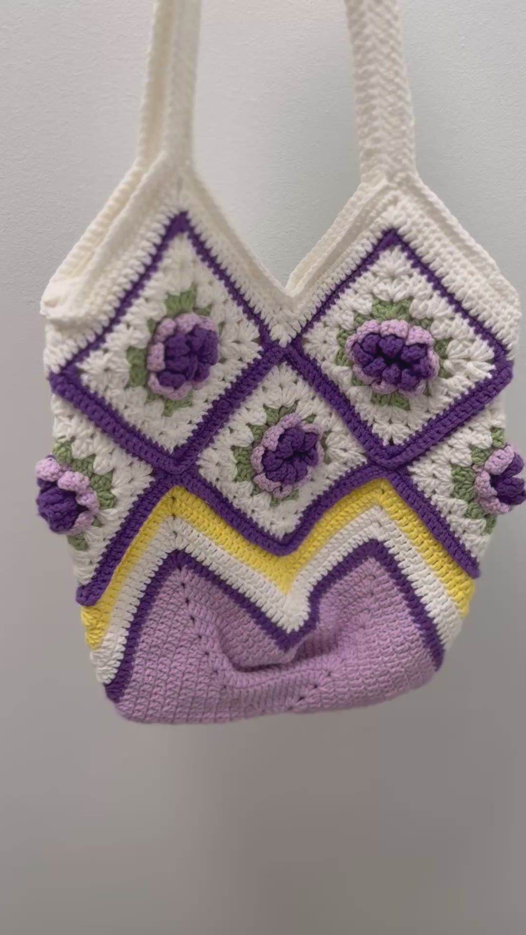 Handmade Camellia Crochet Bag – Lavender & Yellow Chevron Granny Square Tote – Floral Cottagecore Shoulder Purse