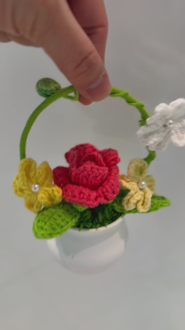 Handmade Crochet Rose Flower Arrangement – Red Rose with Colorful Blossoms in White Pot