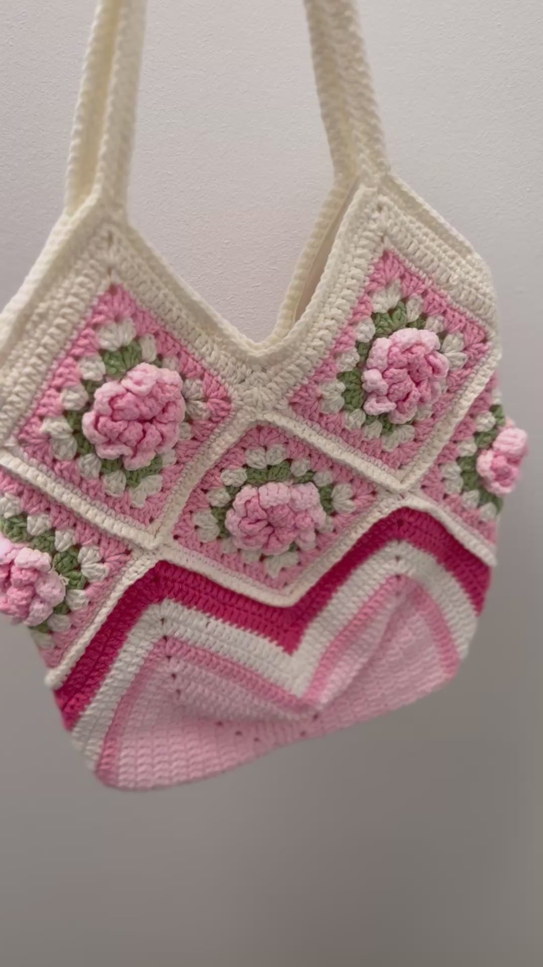 Handmade Camellia Crochet Shoulder Bag – Pink & Cream Granny Square Tote – Romantic Cottagecore Style